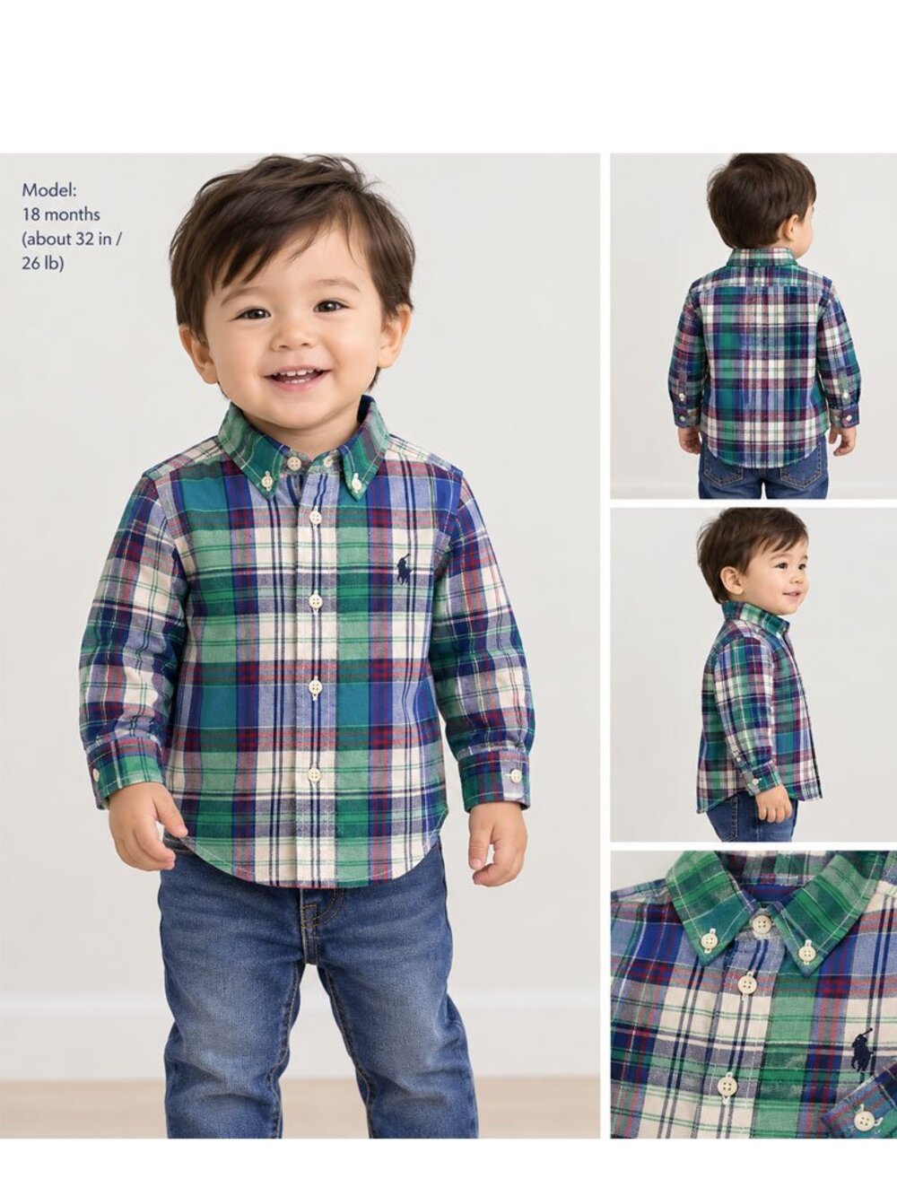 Ralph Lauren Boys 18 Month Green Blue Red Plaid Button Front Casual Shirt